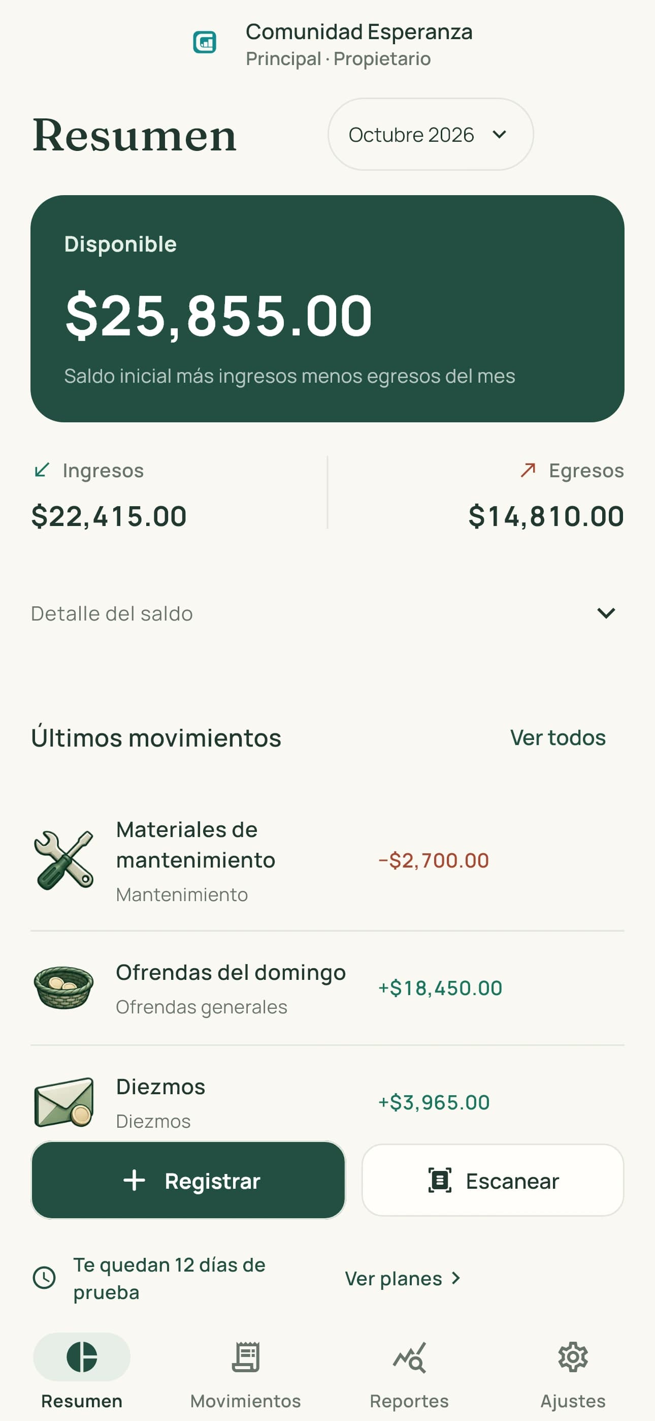 ContaIglesia: Resumen, movimientos y acceso al escáner
